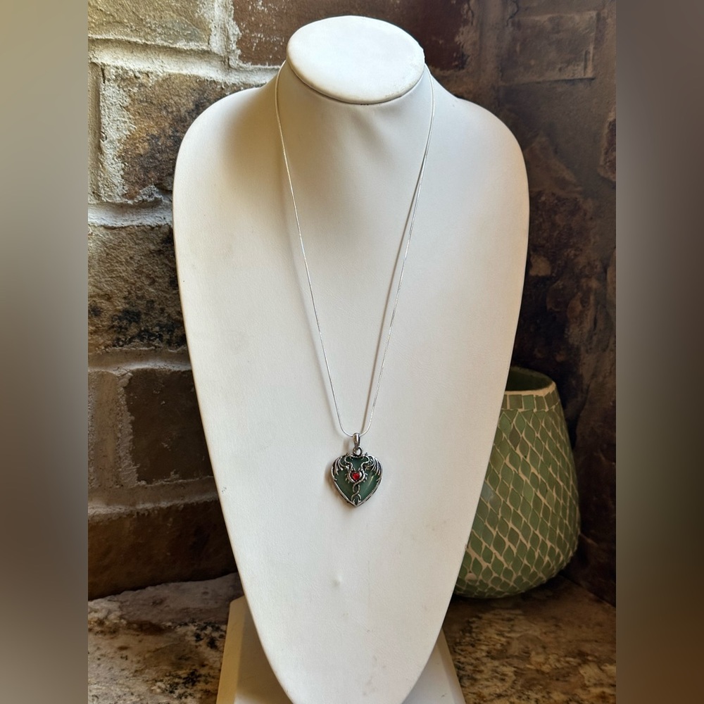 Silver Heart Double Dragon Aventurine Necklace